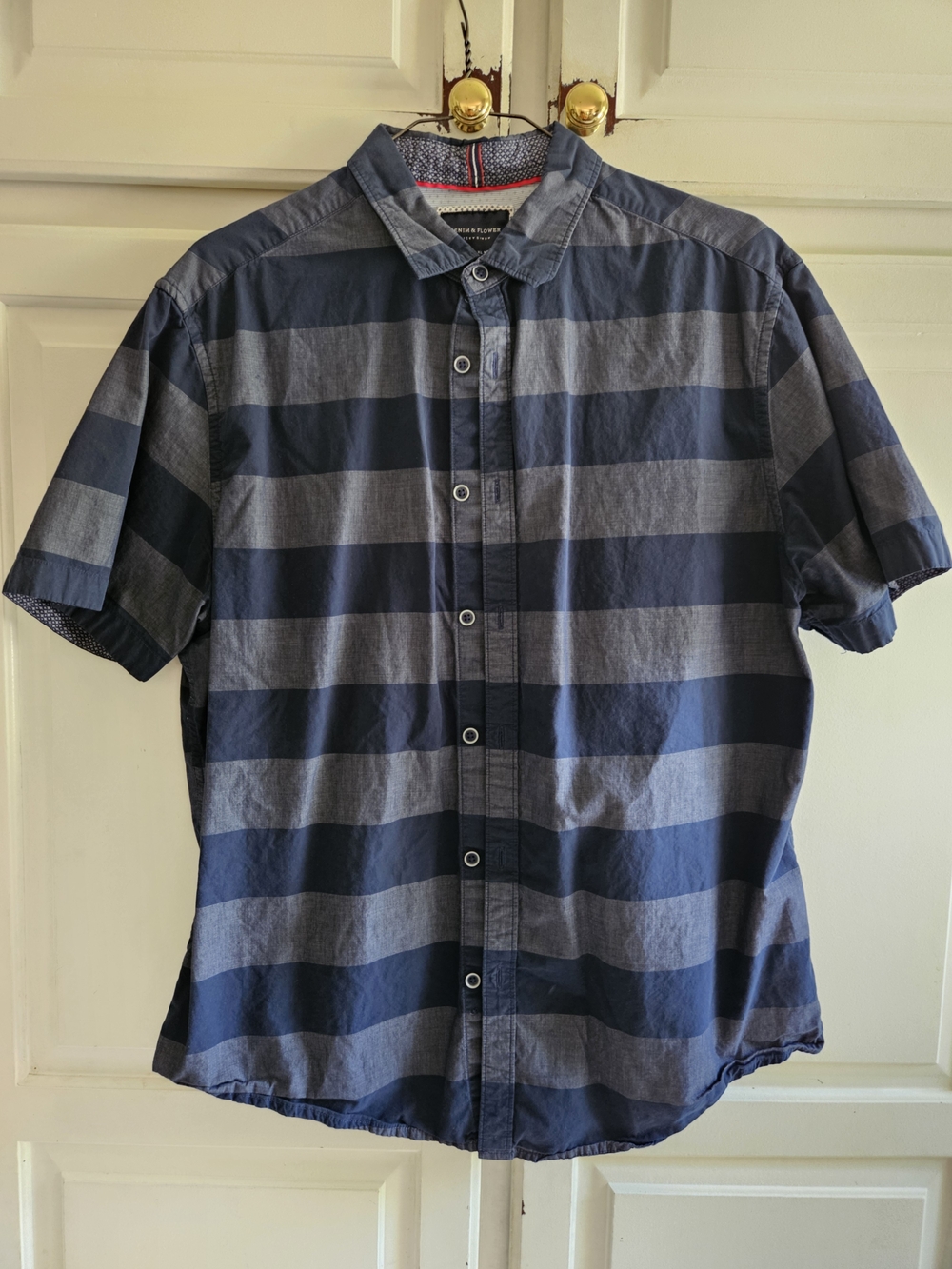 Mens Denim & Flower Navy and Blue Striped Short Sleeve Button Down Shirt XL